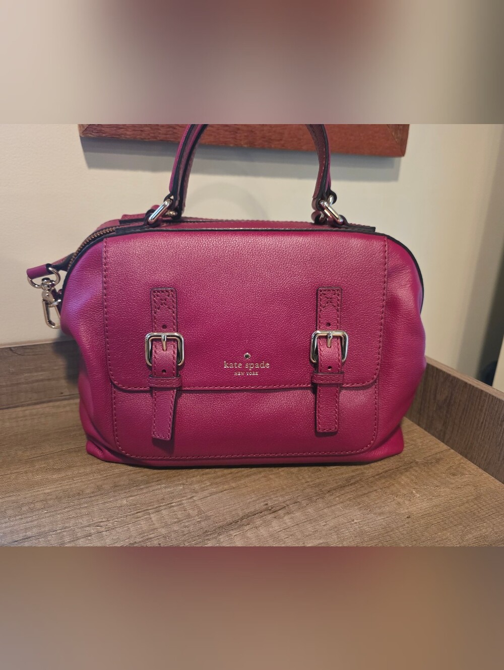 Kate Spade Magenta Leather Satchel with Buckle Detail
